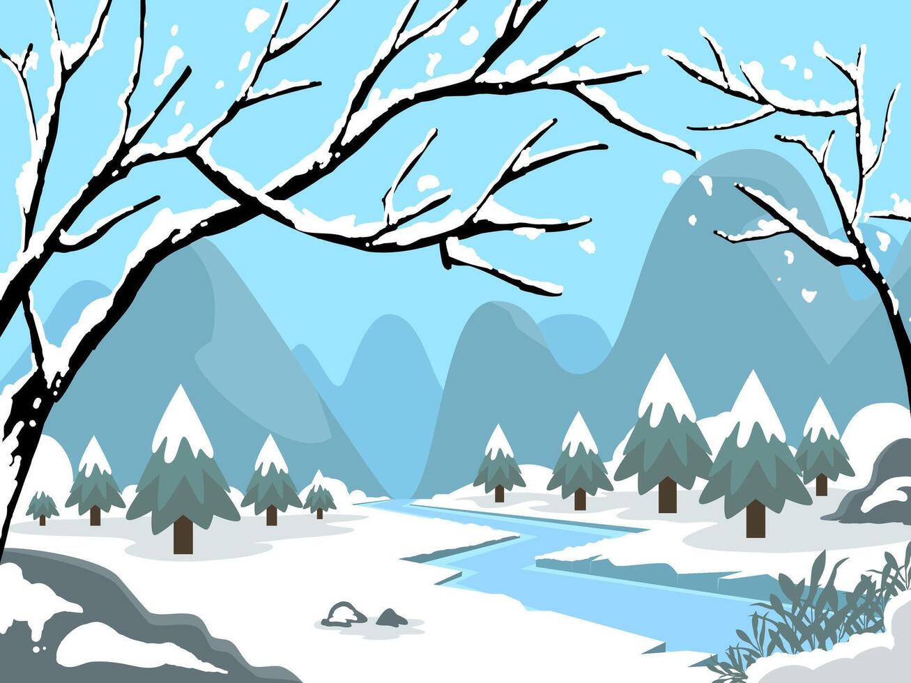 natural tree forest background and snowing for winter season concept. Hand drawn isolated illustrations. vector