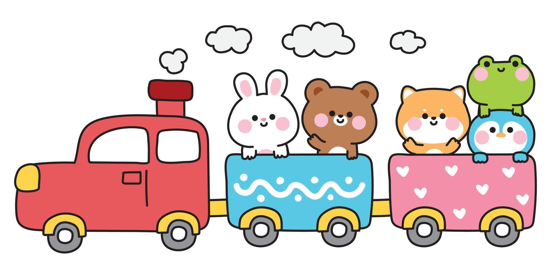 Cute animals stay on train.Traffic.Vehicle.Animal character cartoon design.Rabbit,teddy bear,shiba inu dog,penguin,frog hand drawn.Kawaii.Illustration. vector