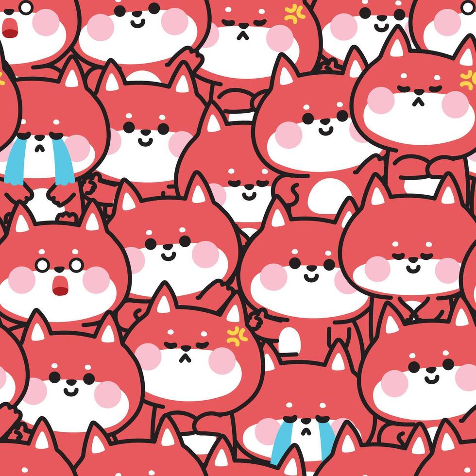 Repeat.Seamless pattern of cute fox in various feeling and poses background.Emotional.Sad.Thanks.Angry.Wild animal character cartoon design.Kawaii.Illustration. vector