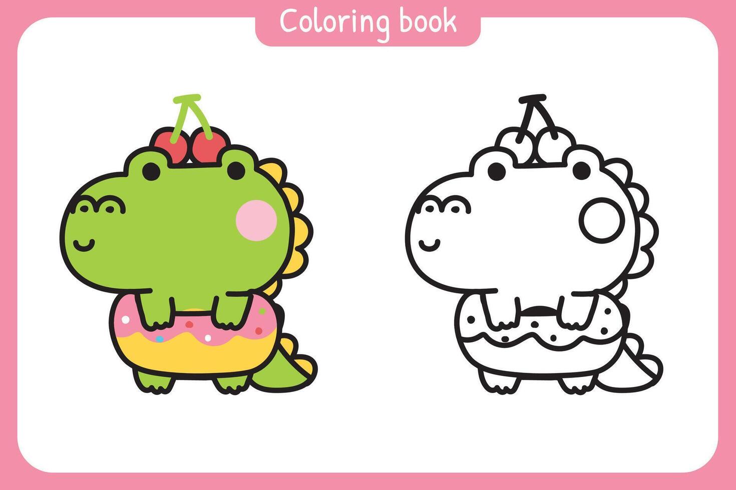 Coloring book.Painting book for kid.School.Page.Bakery and dessert sweet.Cute crocodile donut mascot with cherry.Reptile animal character cartoon design.Kawaii.Illustration. vector