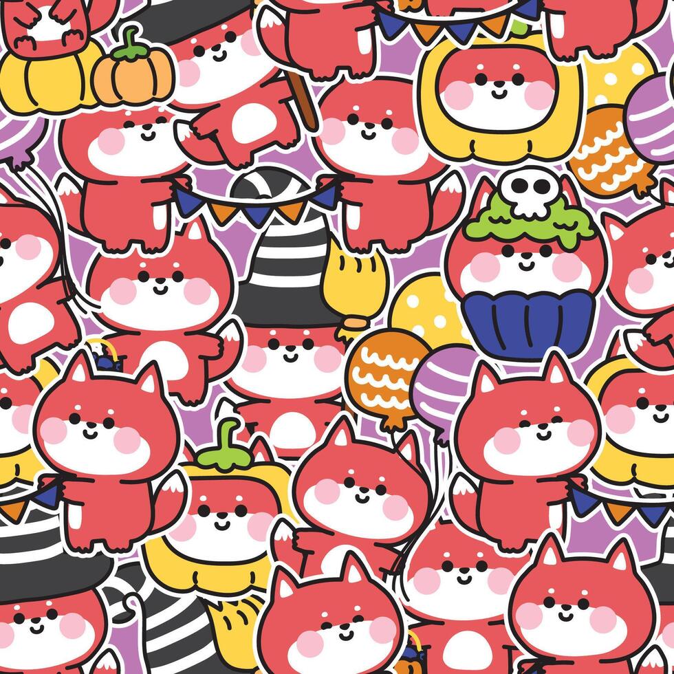 Happy halloween.Seamless pattern of cute fox sticker in halloween festival background.Cupcake,balloon,pumpkin hand drawn.Witch.Night.Animal cartoon.Kawaii.Illustration. vector
