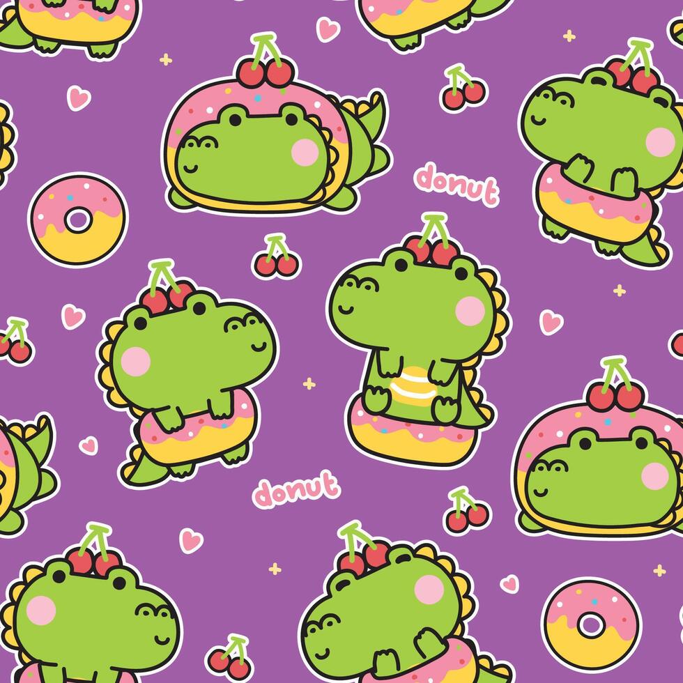 Seamless pattern of cute crocodile donut mascot with cherry background.Reptile animal character cartoon design.Bakery and dessert sweet.Kawaii.Illustration. vector