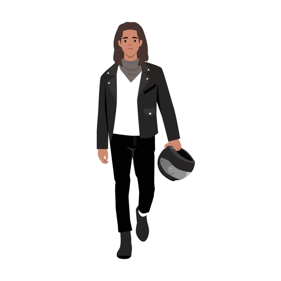 Young man carrying a motorcycle helmet and walking forward. vector