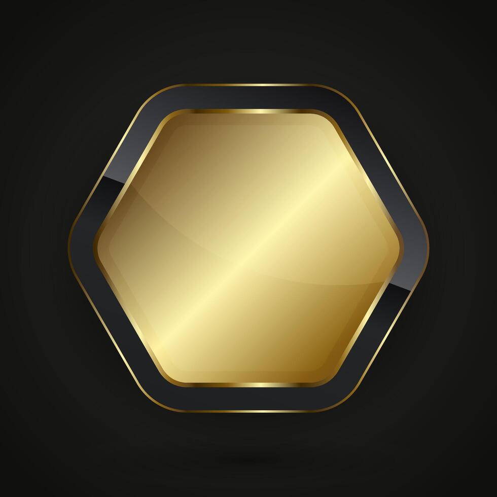 A hexagon premium shape Black and gold button design with gold gradient color, a metallic sheen at the center luxury button vector