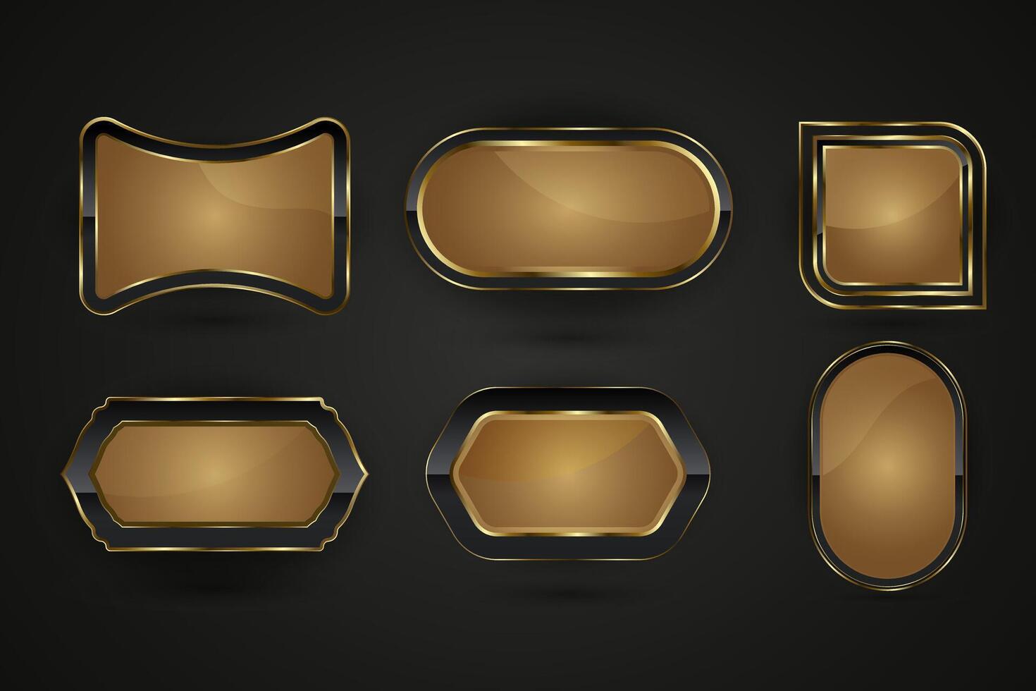 Group of Black and gold buttons design with premium gradient color in elements. Set of Luxury special shapes web IU buttons. and collection of metallic sheen at the center vector
