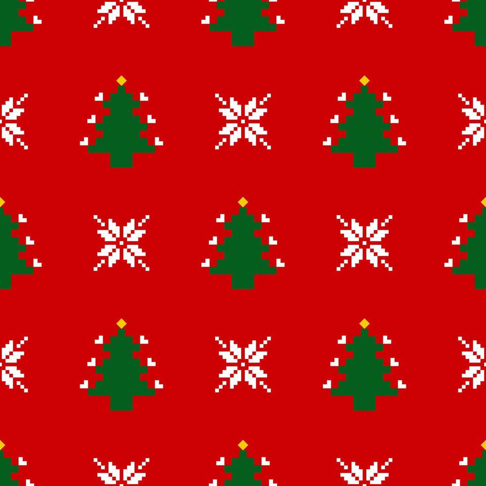 Christmas and New Year seamless pattern. White snowflakes and Christmas tree on red pixel pattern for winter hat,jumper,sweater, wrapping,fabric,border,rim,carpets, blankets, towels. vector