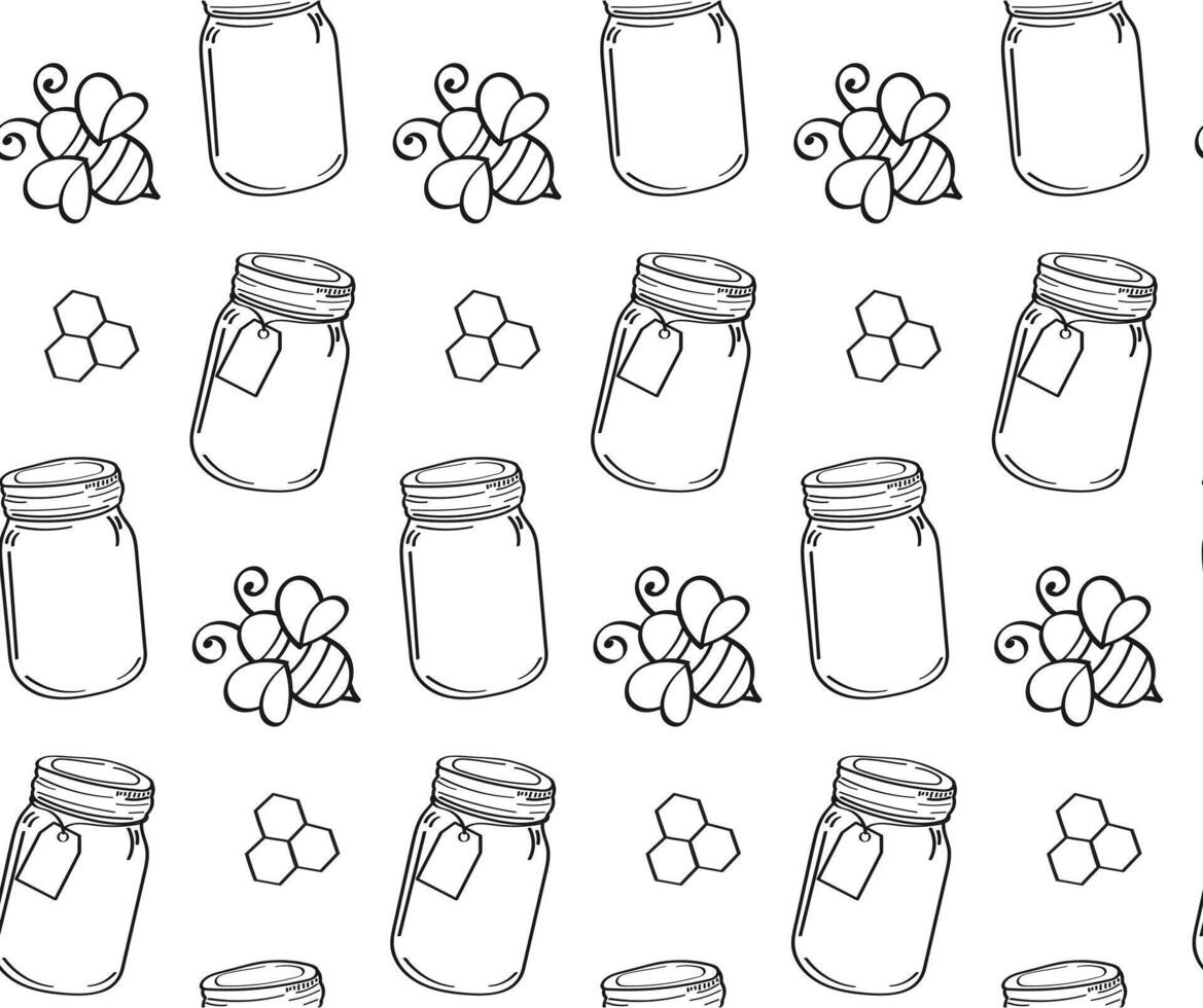 bee honeycomb pattern black white outline isolated white background vector