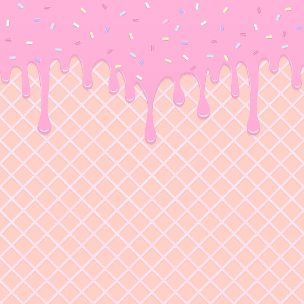 Strawberry milk on ice cream waffle background vector