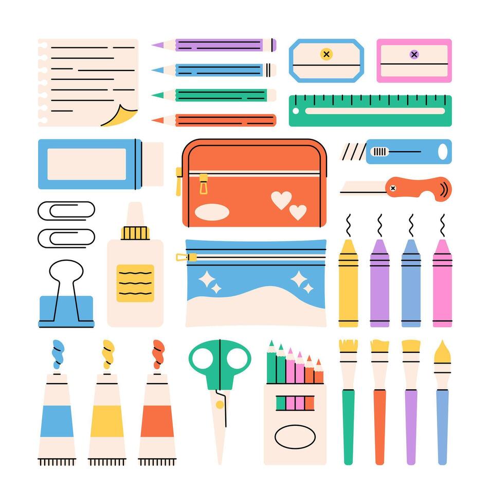 Cartoon style drawing school and art supplies. Painting tools. Colored pencils, markers, crayon, oil paint. Watercolor paint, brushes. Drawings tool for children. vector