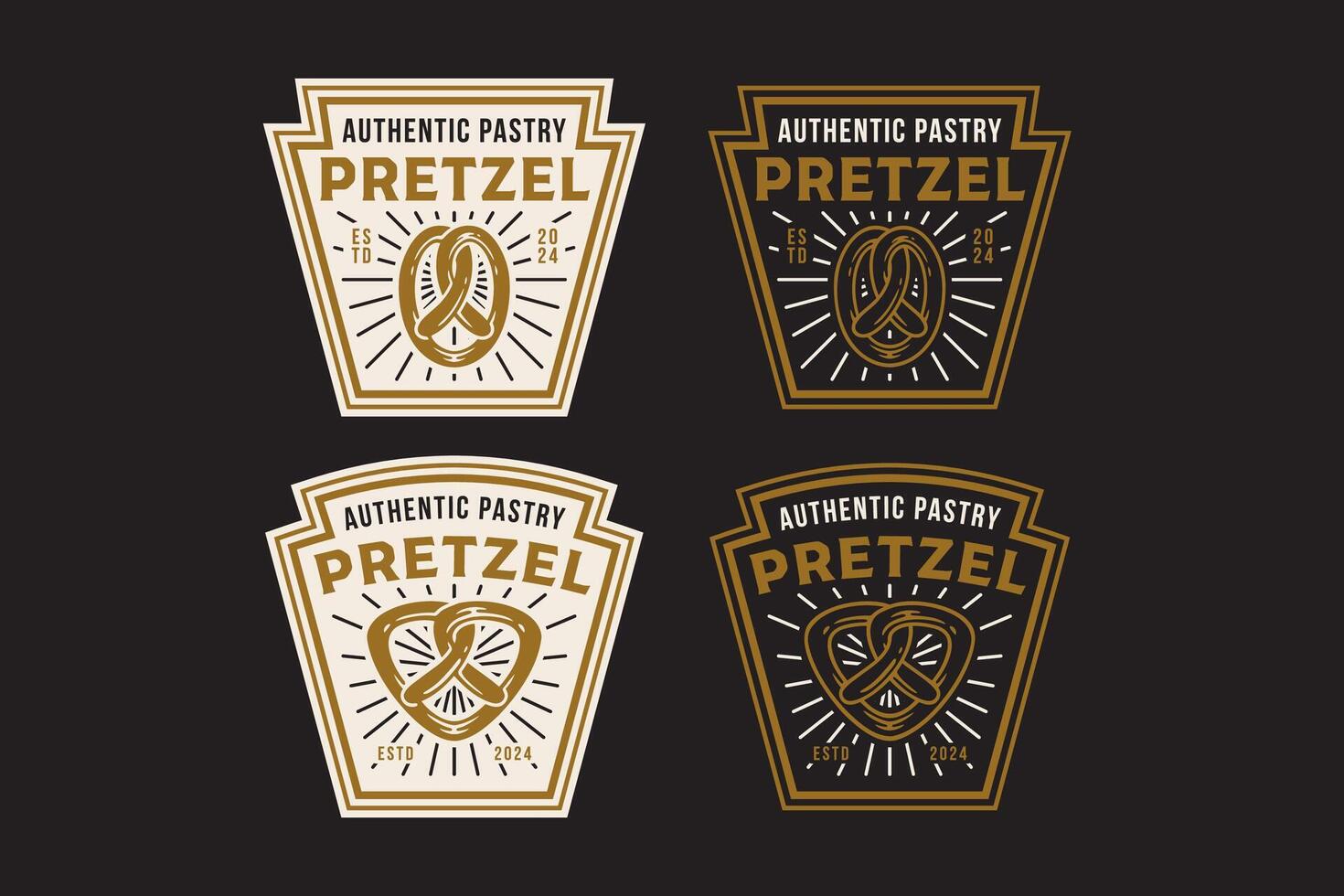 pretzel baked pastry with oval and triangle shape retro badge logo design for chef, kitchener and pastry cook. pretzel bread emblem logo collection for bakery and restaurant vector