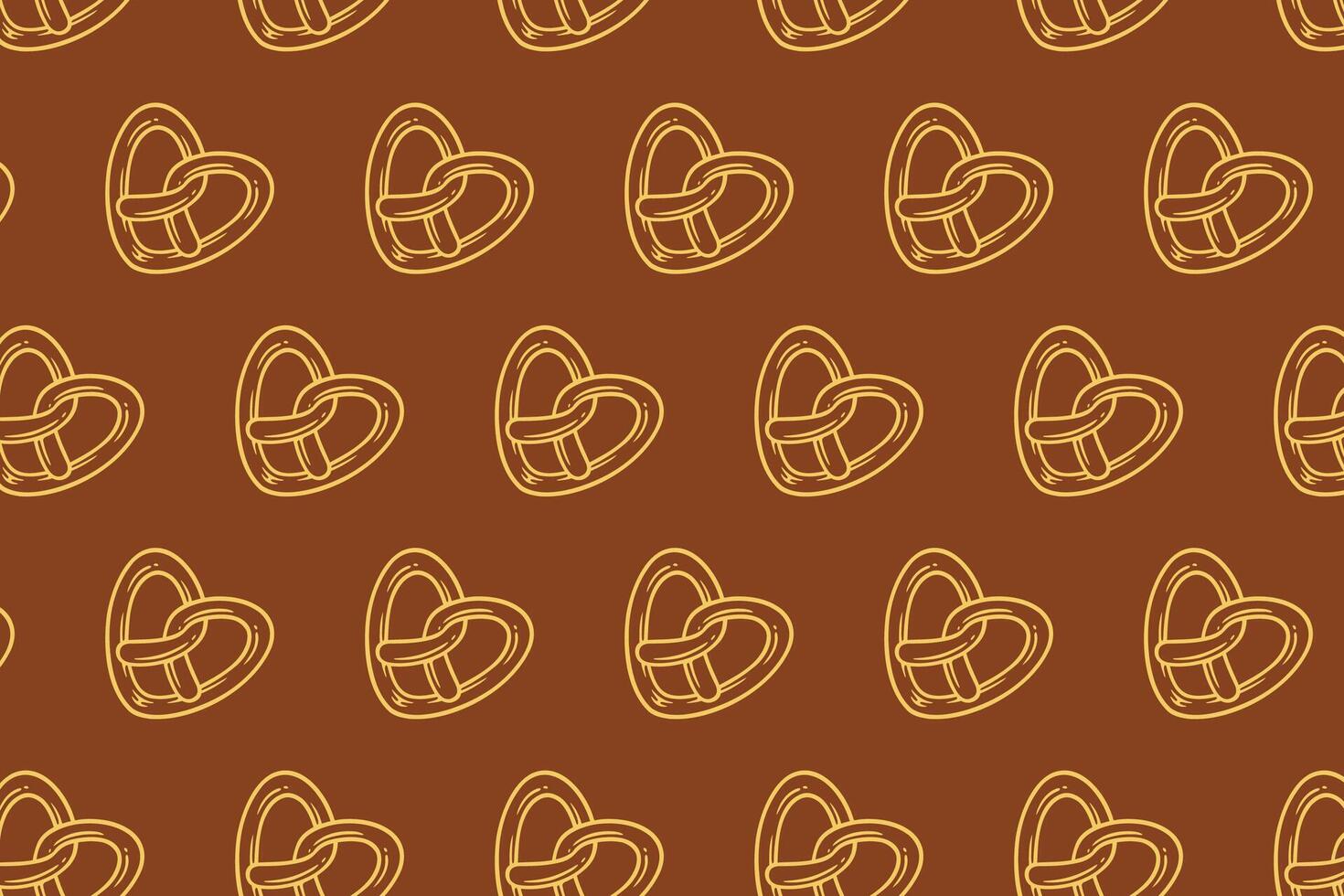 pretzel baked pastry with love shape pattern on brown background. doodle pretzel outline symbol seamless pattern background. retro heart pretzel shape seamless pattern for decor and merchandise vector