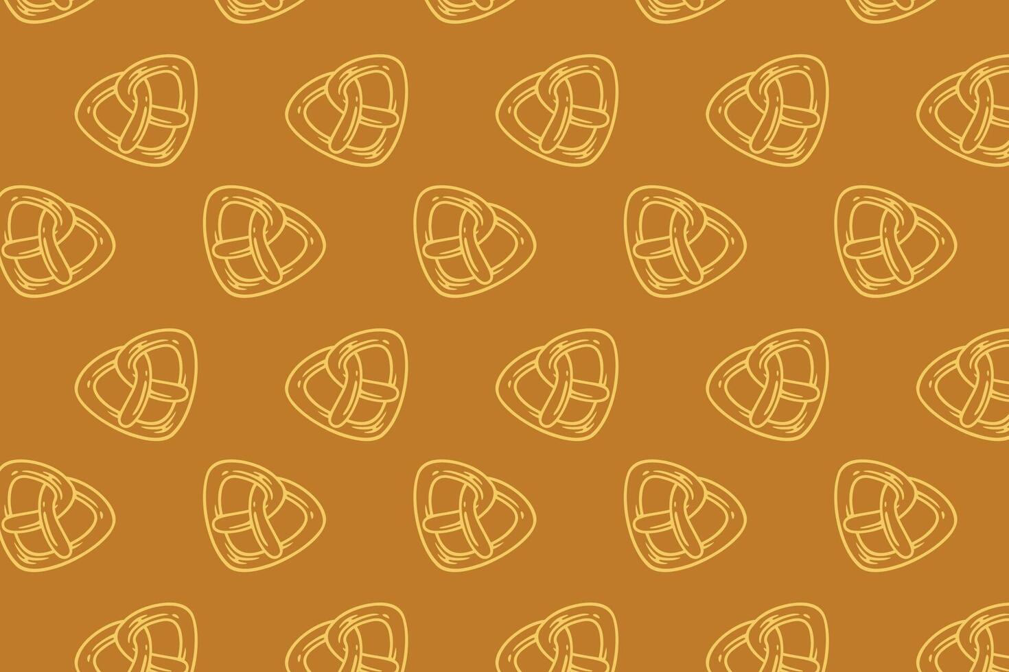 pretzel triangle shape pattern on brown background. doodle pretzel baked pastry outline symbol seamless pattern background. retro triangle pretzel shape seamless pattern for decor and merchandise vector
