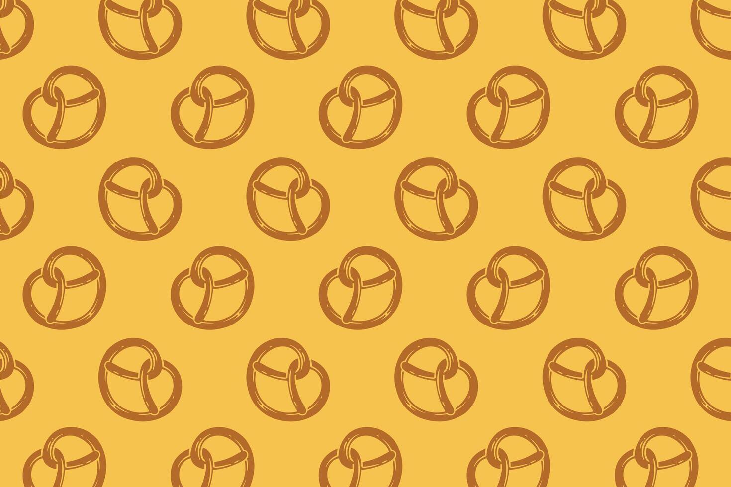 pretzel with heart shape filled flat pattern on yellow background. doodle pretzel bread pastry symbol seamless pattern background. retro love pretzel shape seamless pattern for decor and merchandise vector