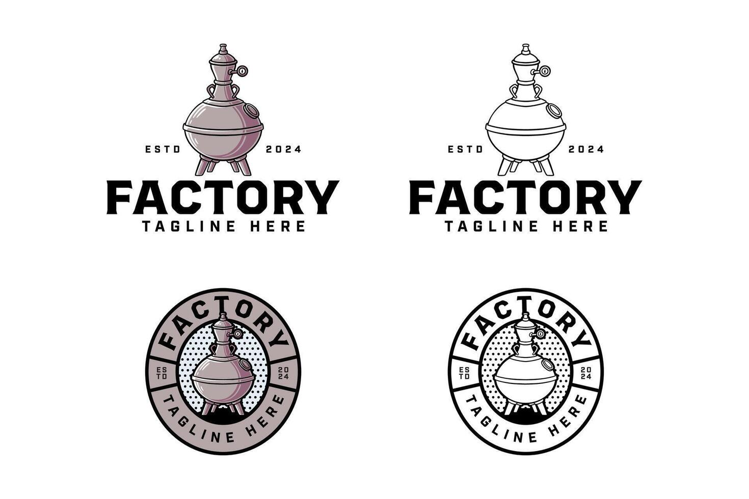 beer production instrument colorful and outline badge logo design set for brewery factory and industry. brewing machine with tank and tube illustration logo template for brewer, bar, pub vector