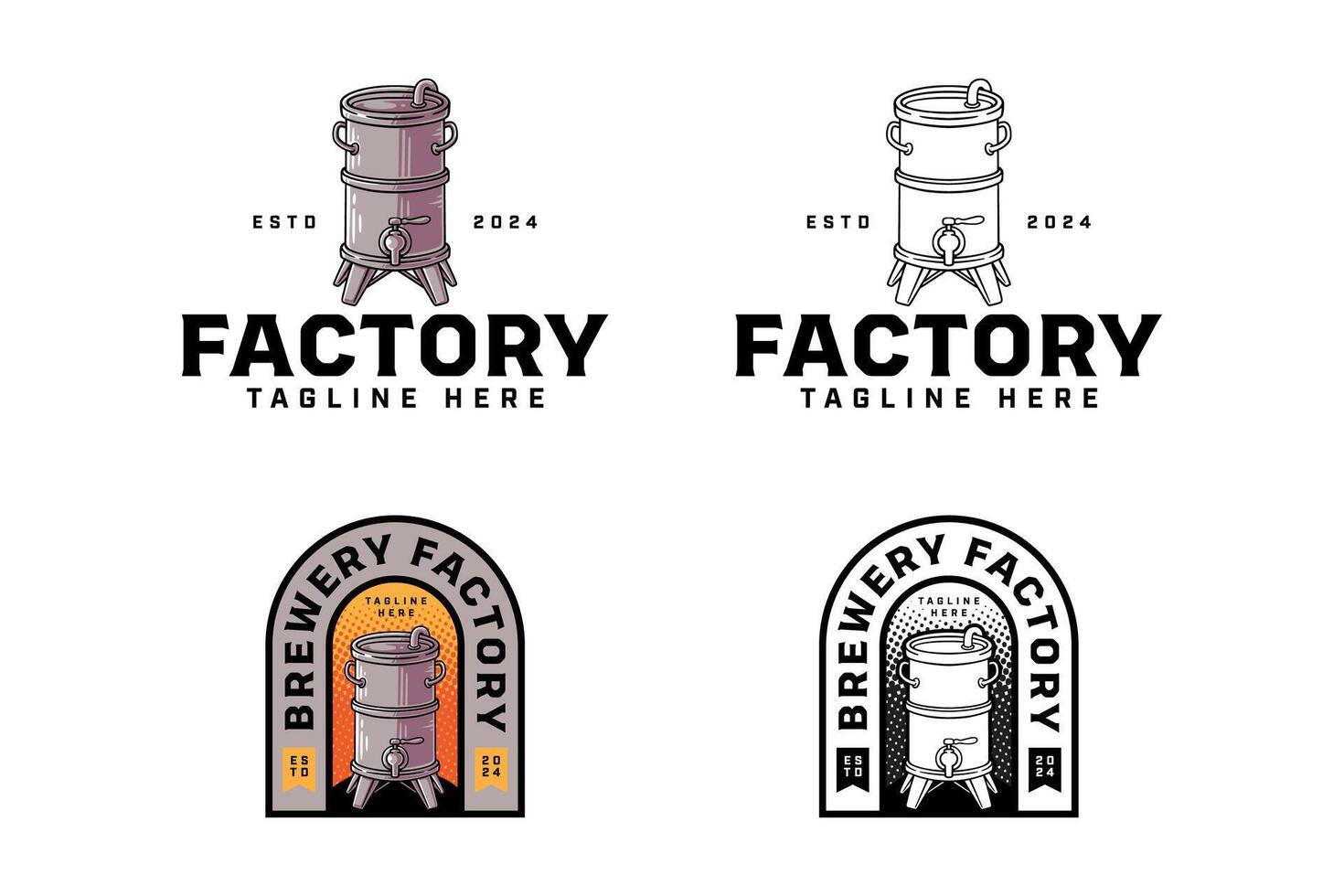 beer production instrument colorful and outline badge logo design set for brewery factory and industry. brewing machine with tank, keg, barrel, tube illustration logo template for brewer, bar, pub vector
