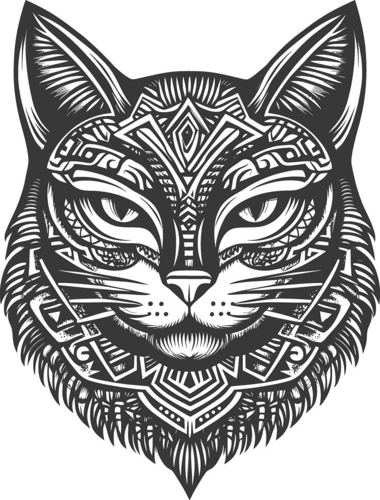 Geometric Black and White Cat Head with Tribal Pattern vector
