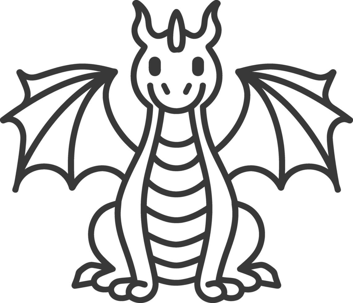 Line drawing of a cartoon dragon with wings spread vector