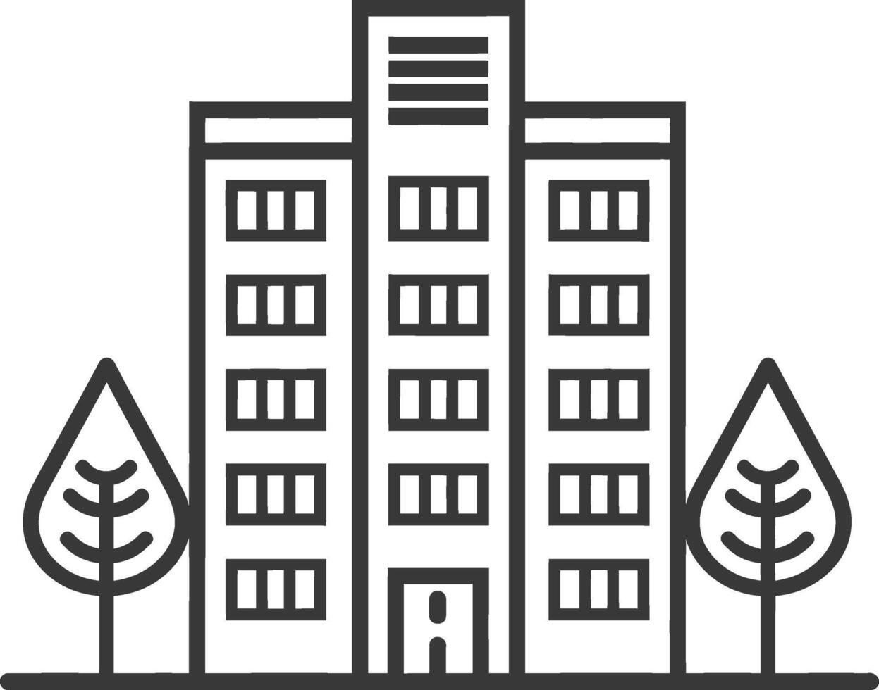 Line drawing of a building with trees on either side vector