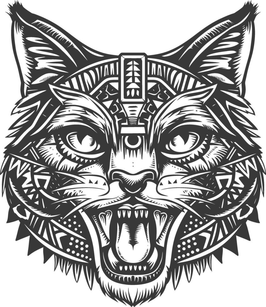 Geometric Patterned Feline with Open Mouth and Teeth vector
