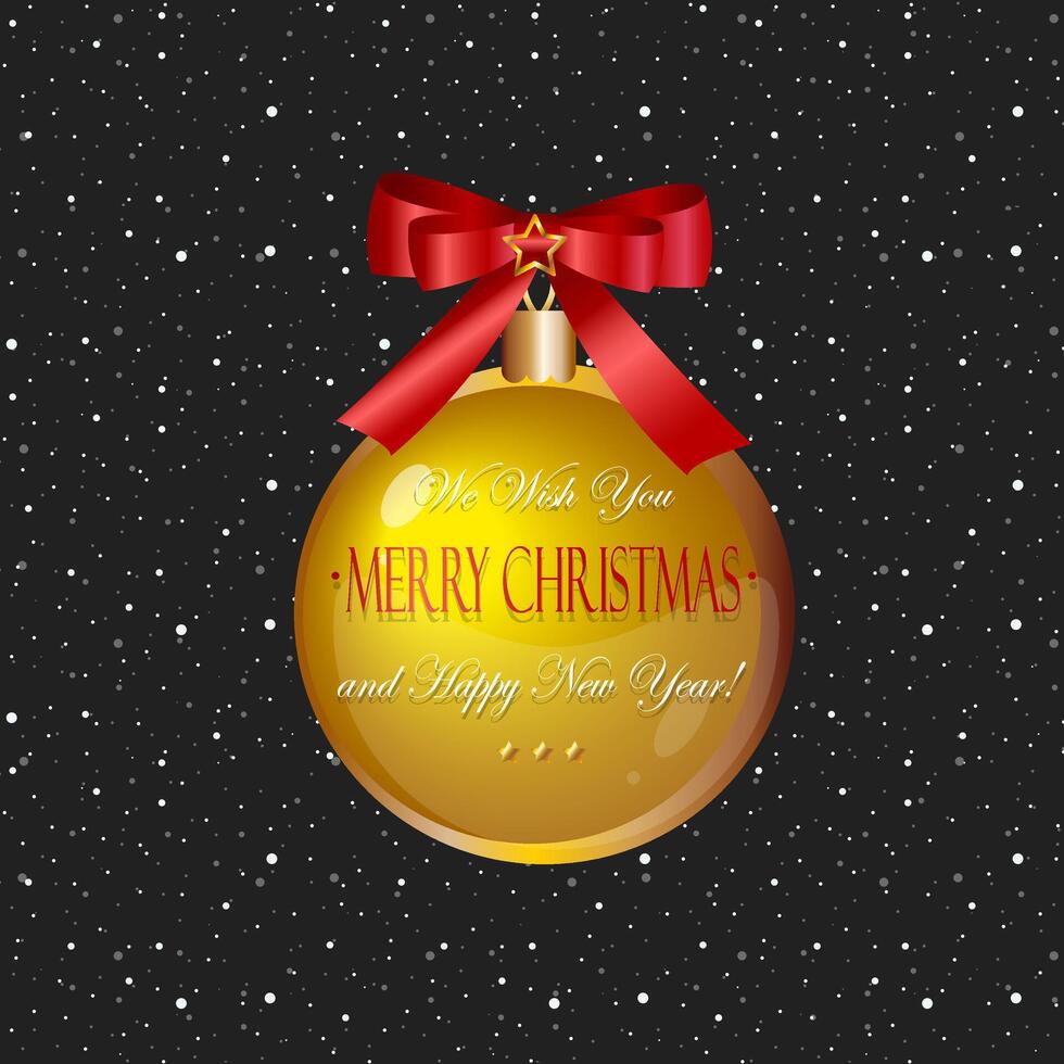 Christmas golden ball with red bow ribbon snow black background Great decorative element vector