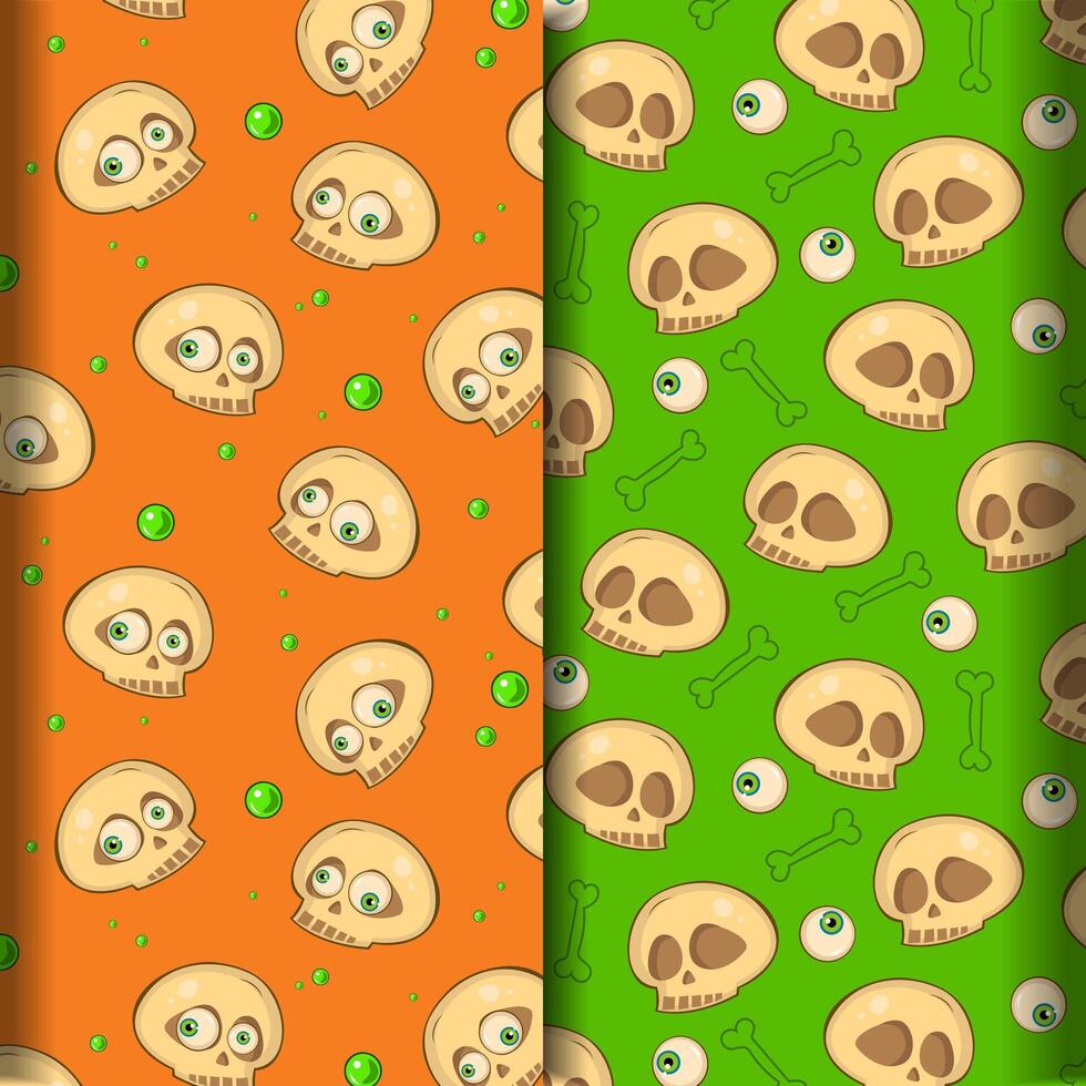Halloween pattern set with sculps and toxic bubbles on green and orange background vector