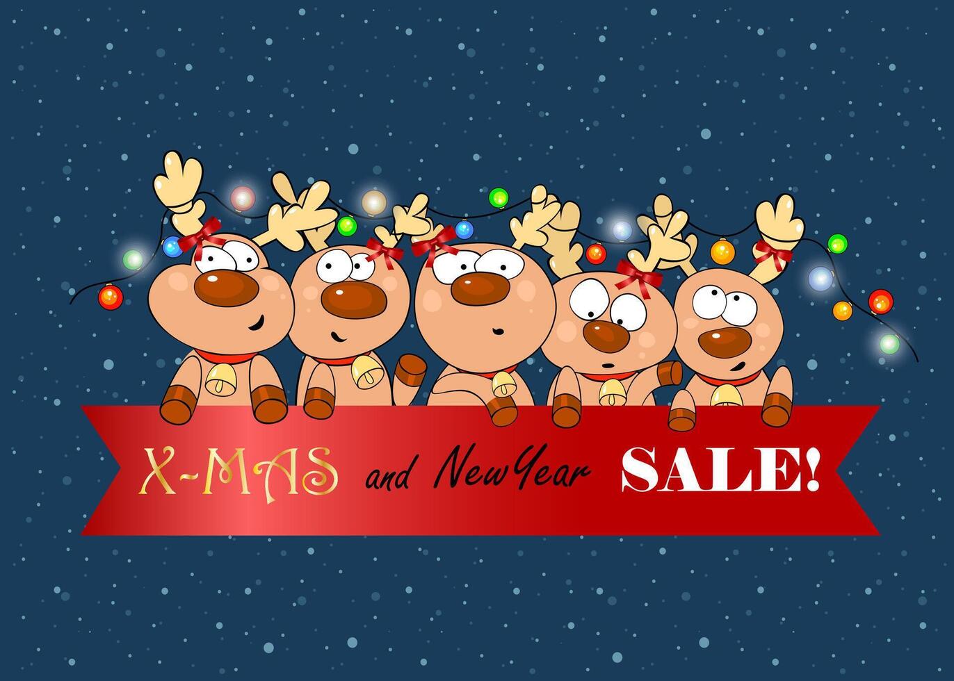 New Year and Christmas illustration with magic dears, lights, snow and sale banner. for advertising, web, social media vector