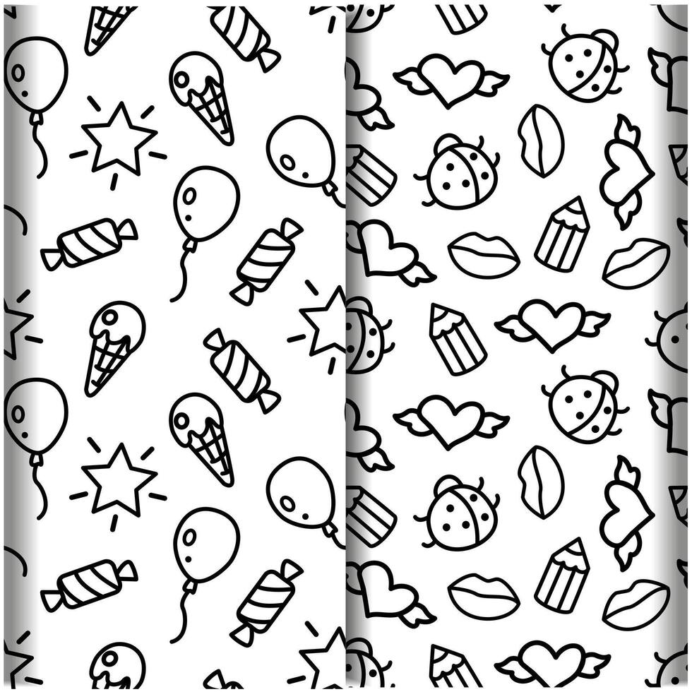 Simple graphic pattern with outline elements, heart, candy, ice cream and balloon. vector