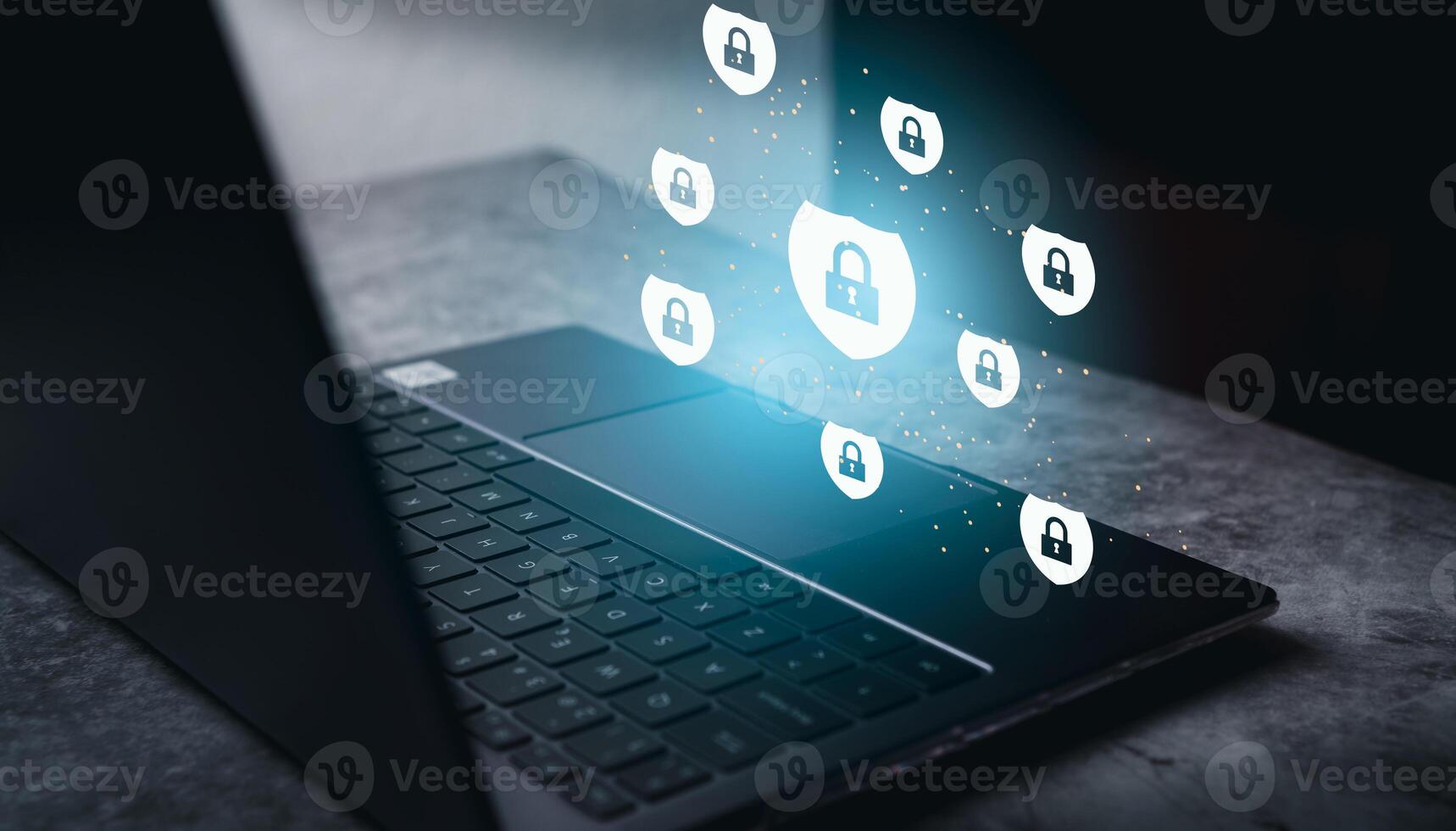 Future technology with hologram protection interface. Internet security and data protection concept. Blockchain and cybersecurity. photo