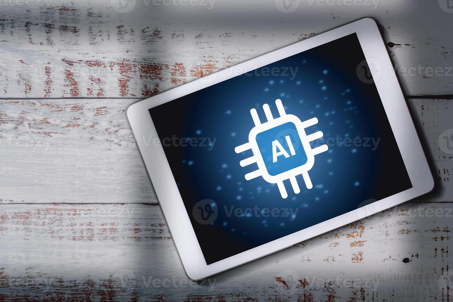 Top view of digital tablet with virtual interface of AI. Artificial Intelligence. Using command prompt to generate something, Futuristic technology. photo