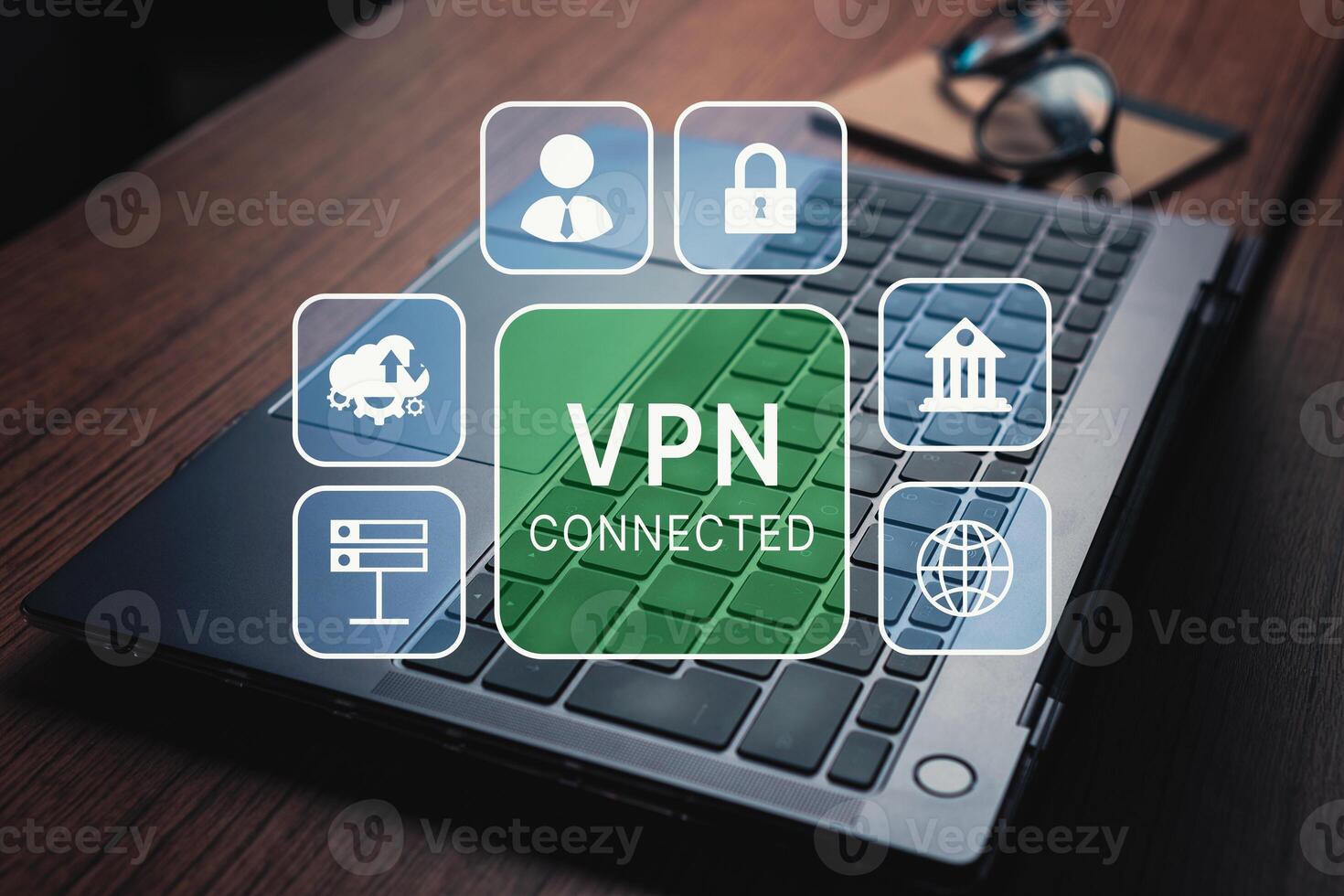 VPN Virtual Private network protocol concept, Laptop on desk with hologram interface of VPN application. photo