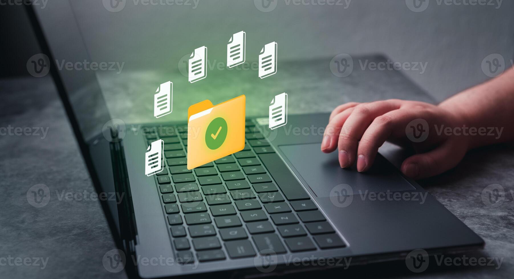 Woman hand on laptop for DMS concept. Document Management System. Software to store, organize and manage digital documents. photo