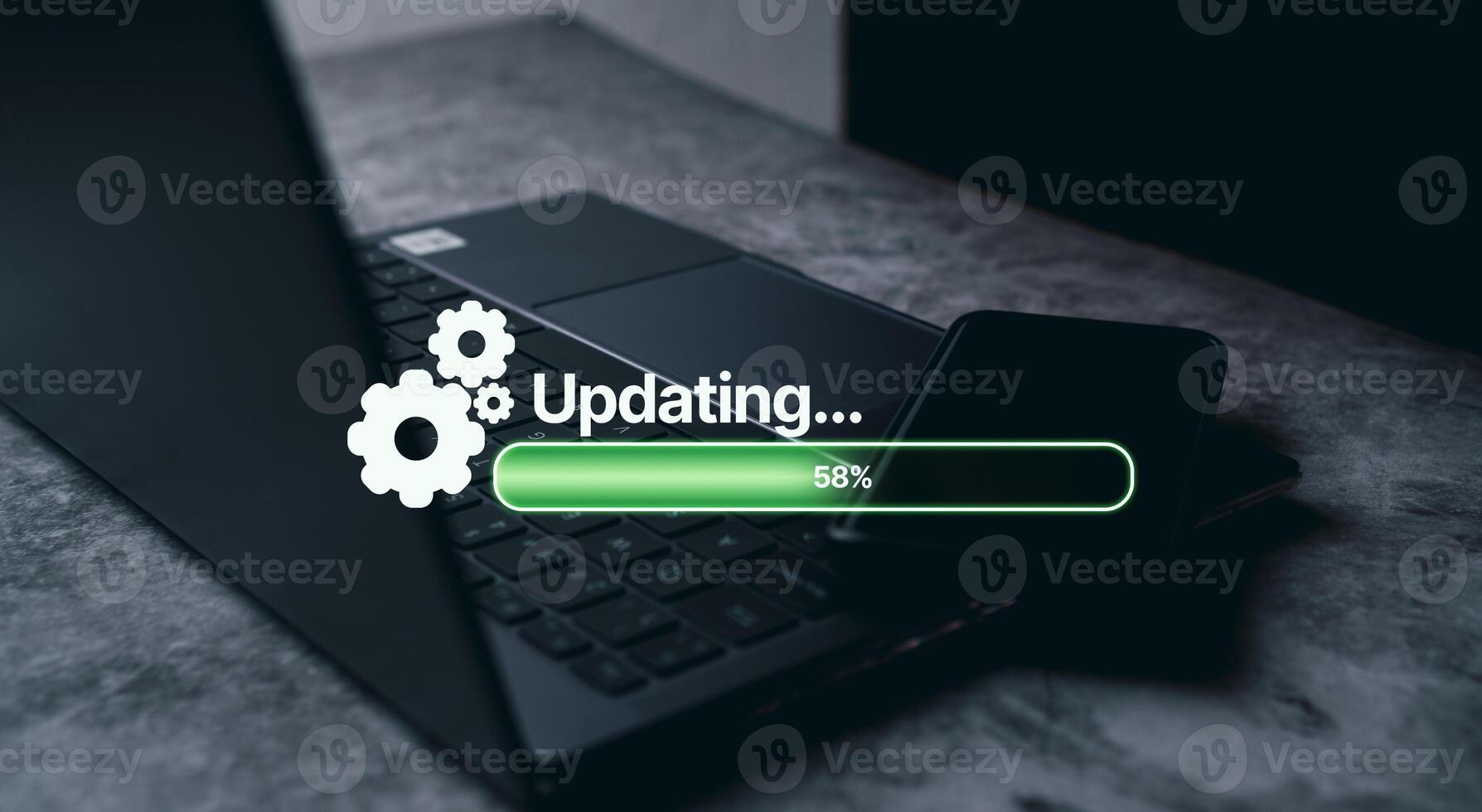 Laptop on desk with virtual installing update bar. Software updates or operating system upgrades. Improved security. photo