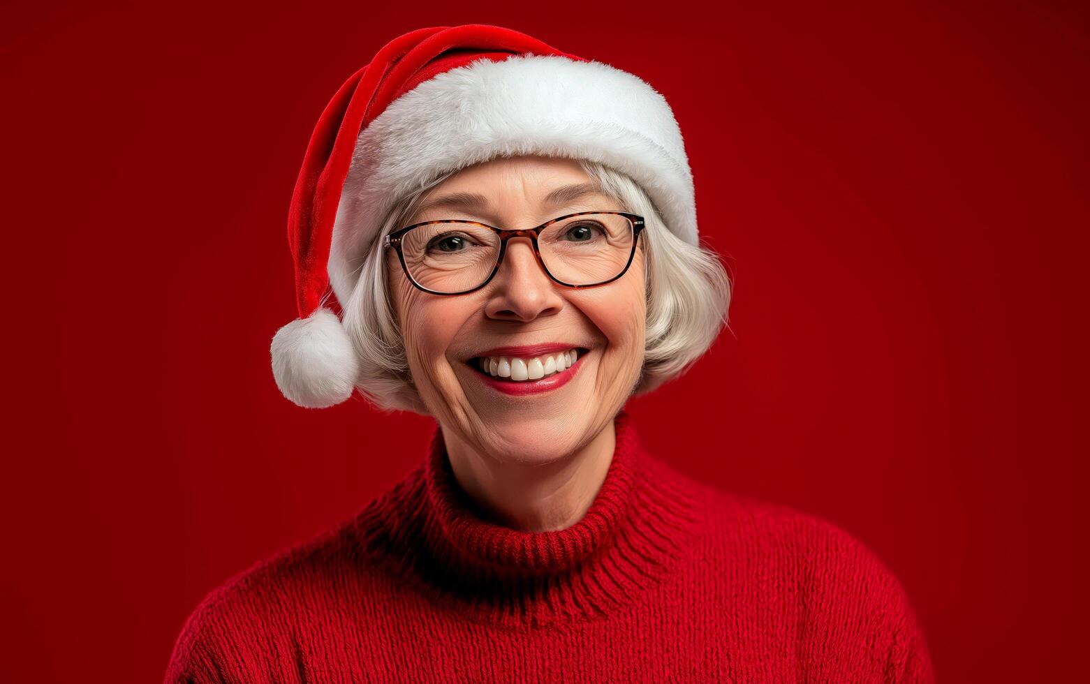 Studio portrait of happy mature woman wearing santa's hat over red background. photo