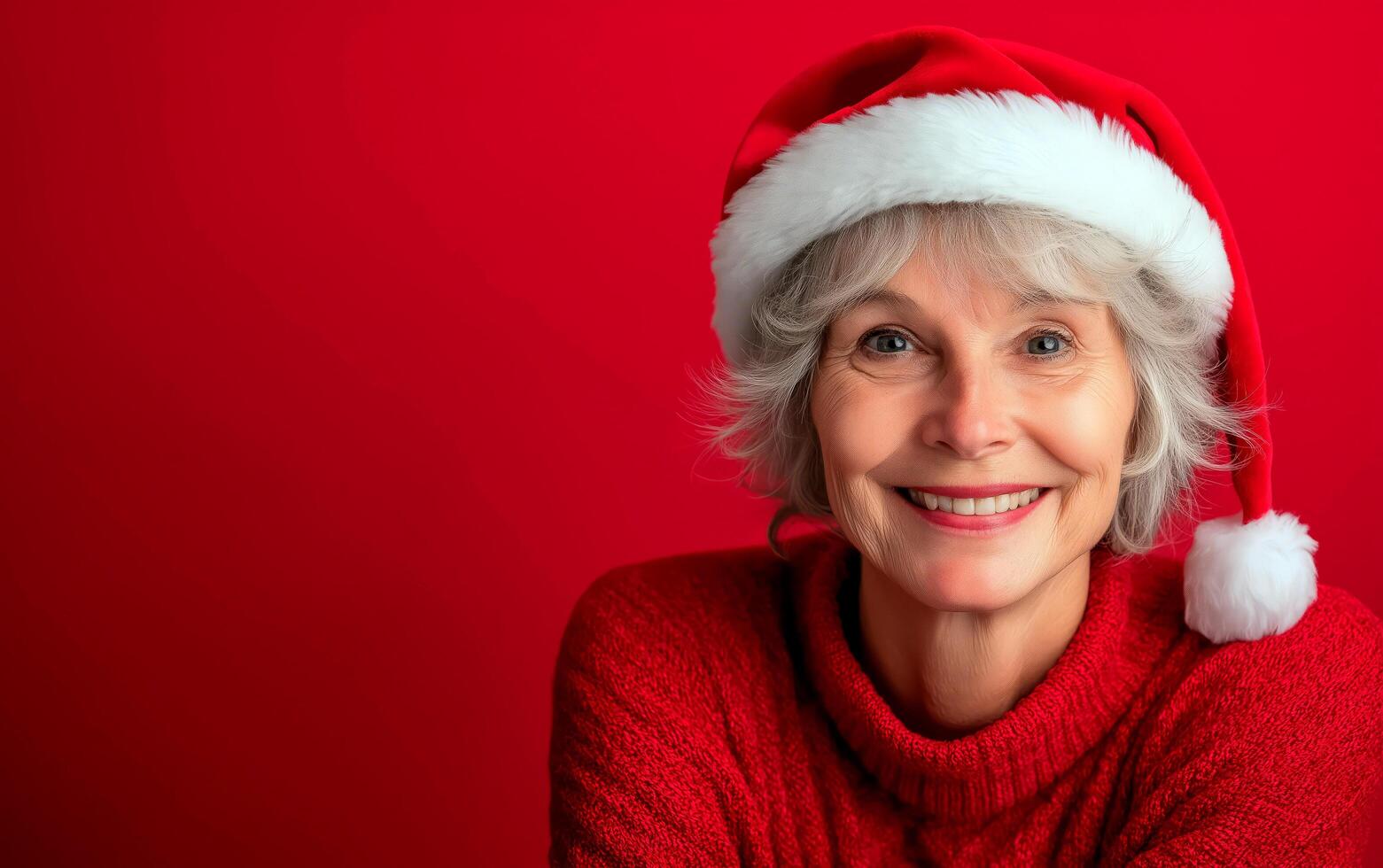 Studio portrait of happy mature woman wearing santa's hat over red background. photo