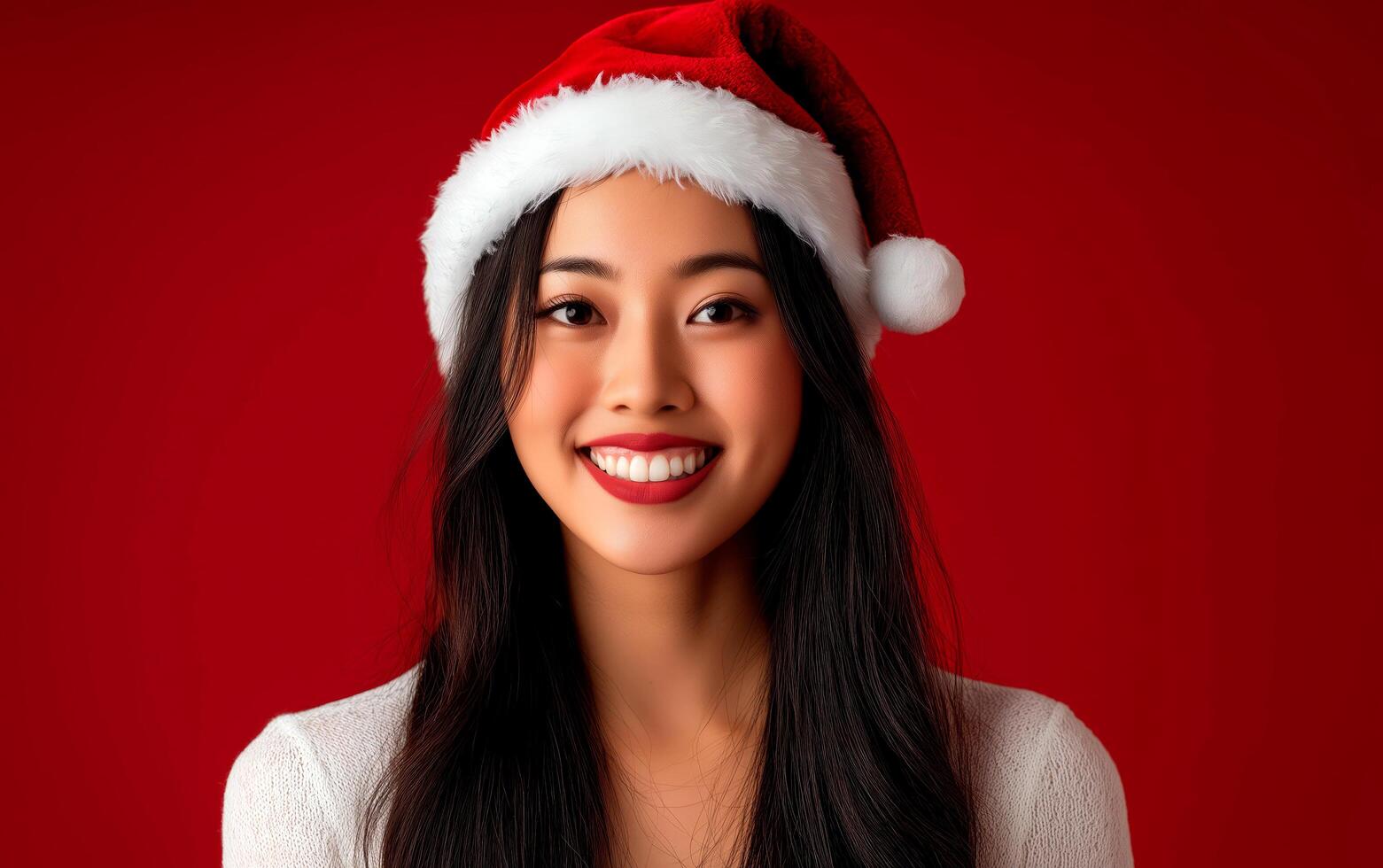Portrait of happy asian woman wearing christmas santa hat over red background. photo