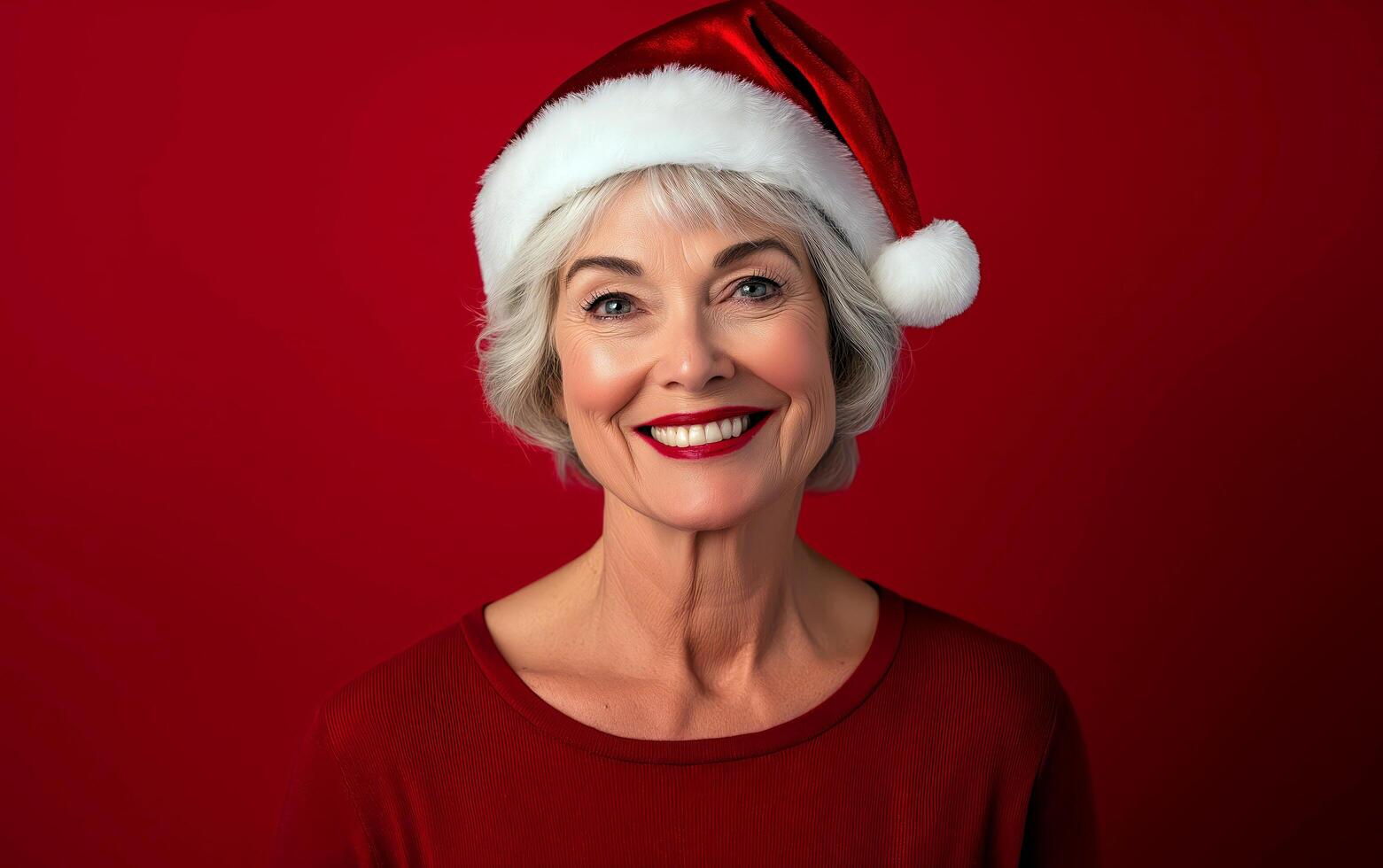 Studio portrait of happy mature woman wearing santa's hat over red background. photo