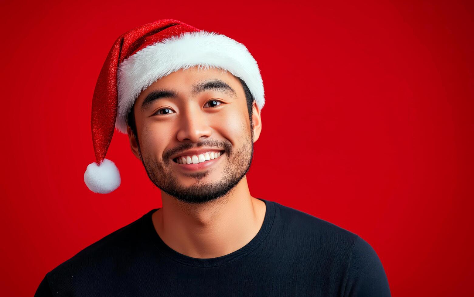 Portrait of happy asian man wearing christmas santa hat over blue background. photo