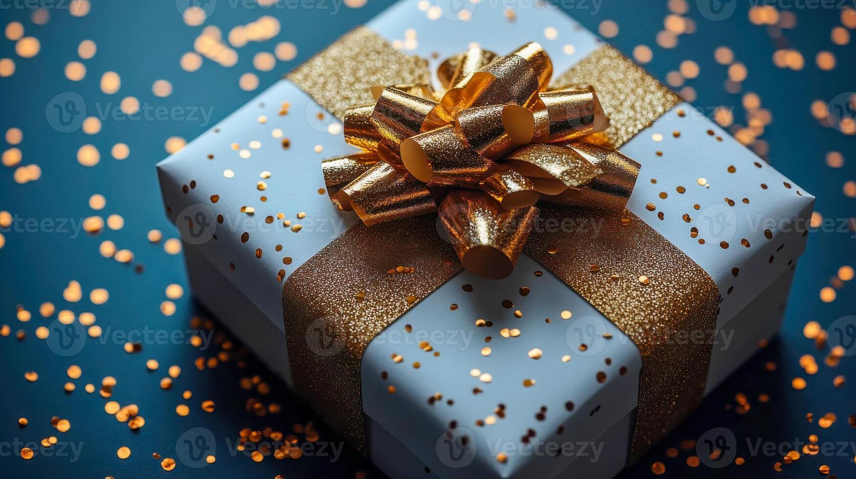 Gift box with gold bow on blue background with confetti photo