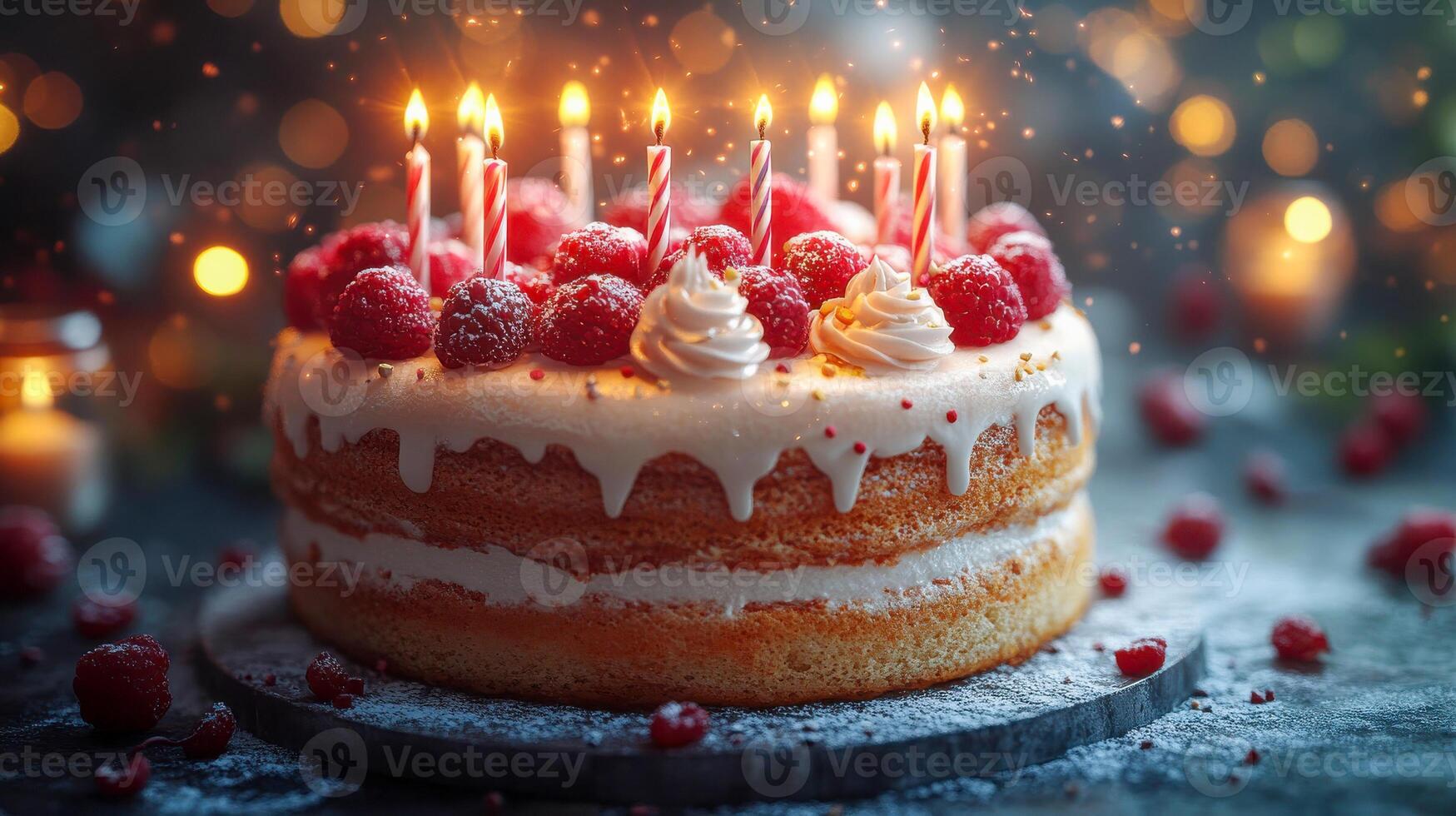 A cake with candles on top and raspberries photo