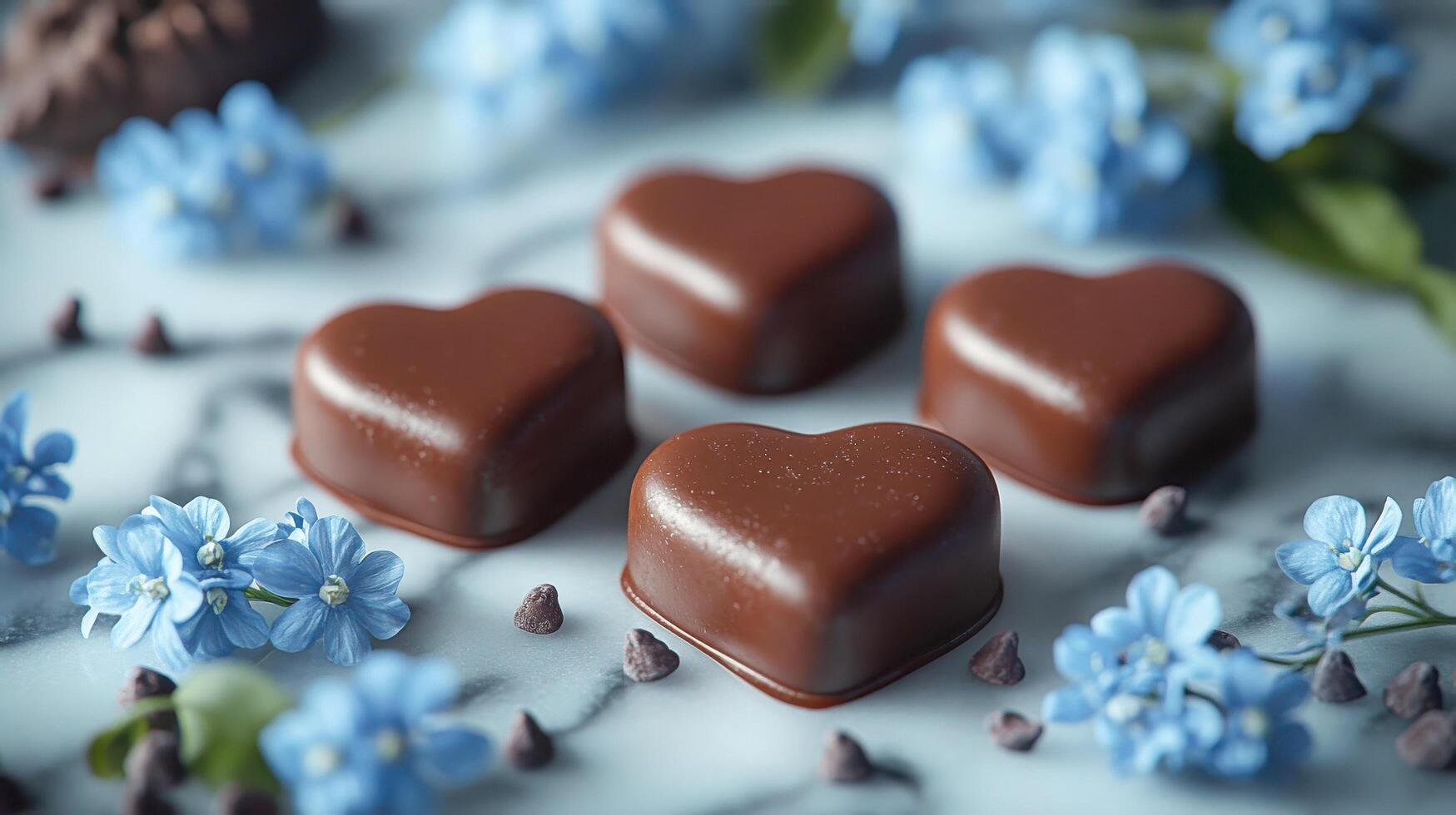 Four chocolate hearts are arranged on a white marble surface photo