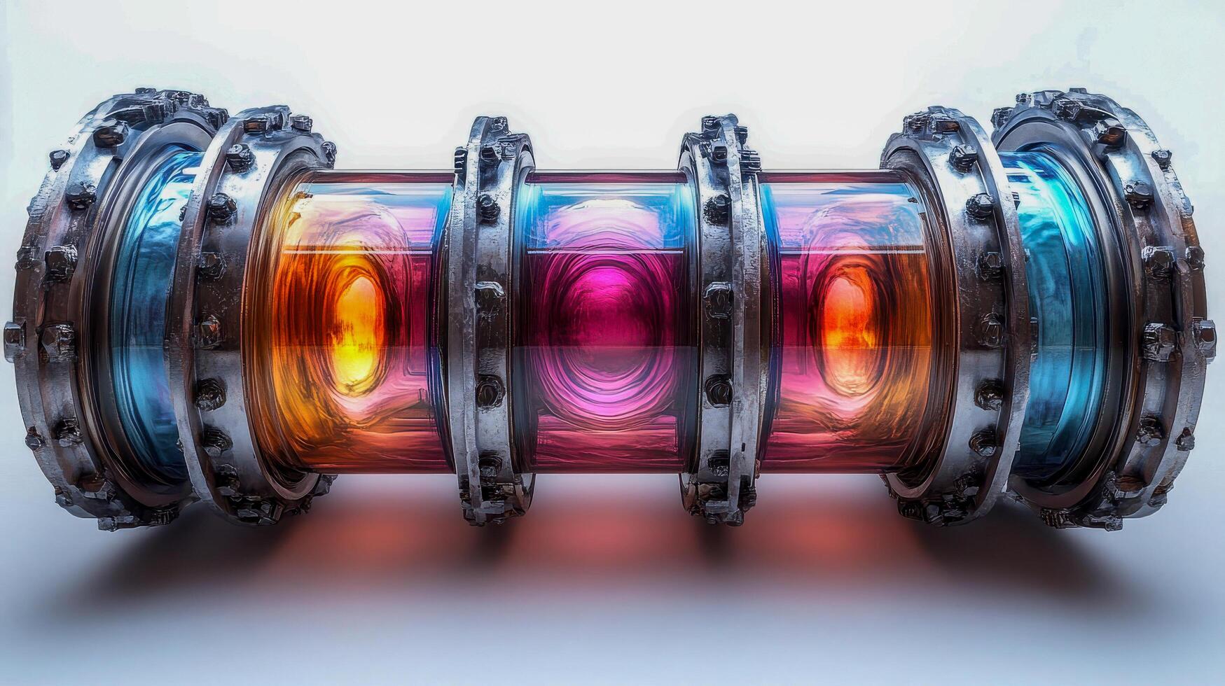 A colorful, futuristic cylindrical machine with glowing internal components, featuring vibrant blues, pinks, and oranges in the transparent shell photo