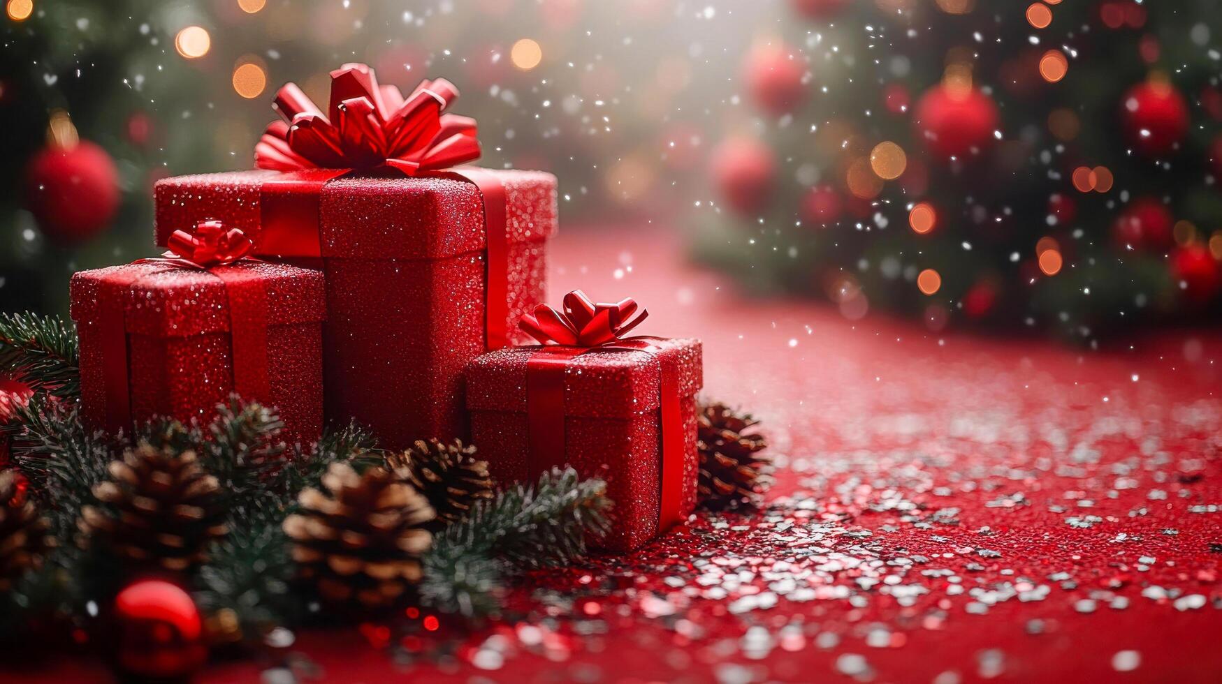 Christmas presents on a red background photo