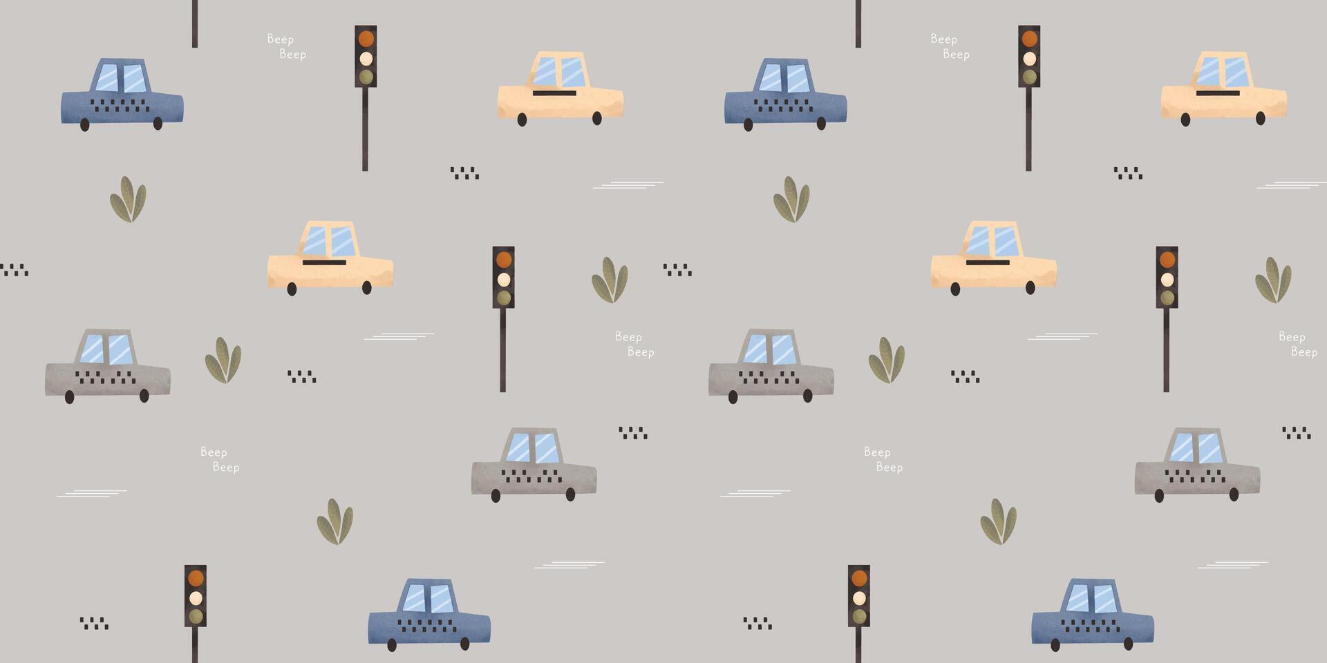 A pattern with cars and traffic lights on it vector