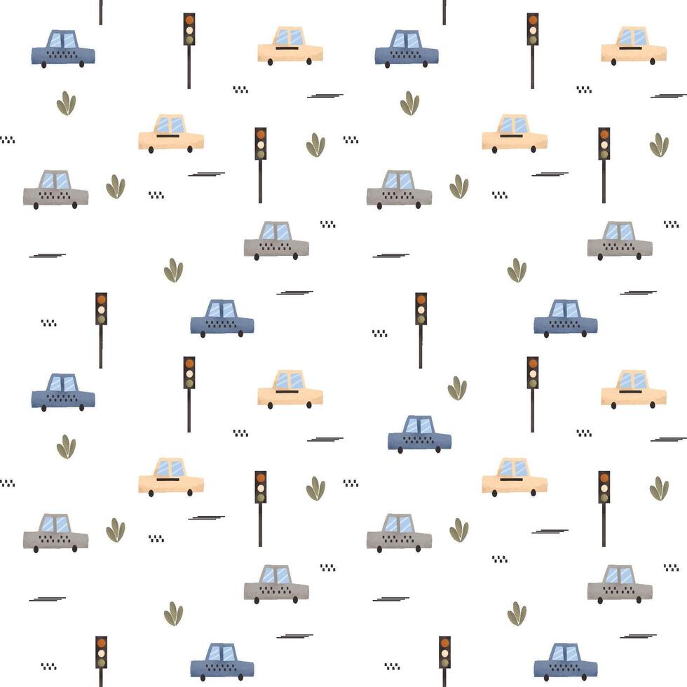 A pattern with cars and traffic lights vector
