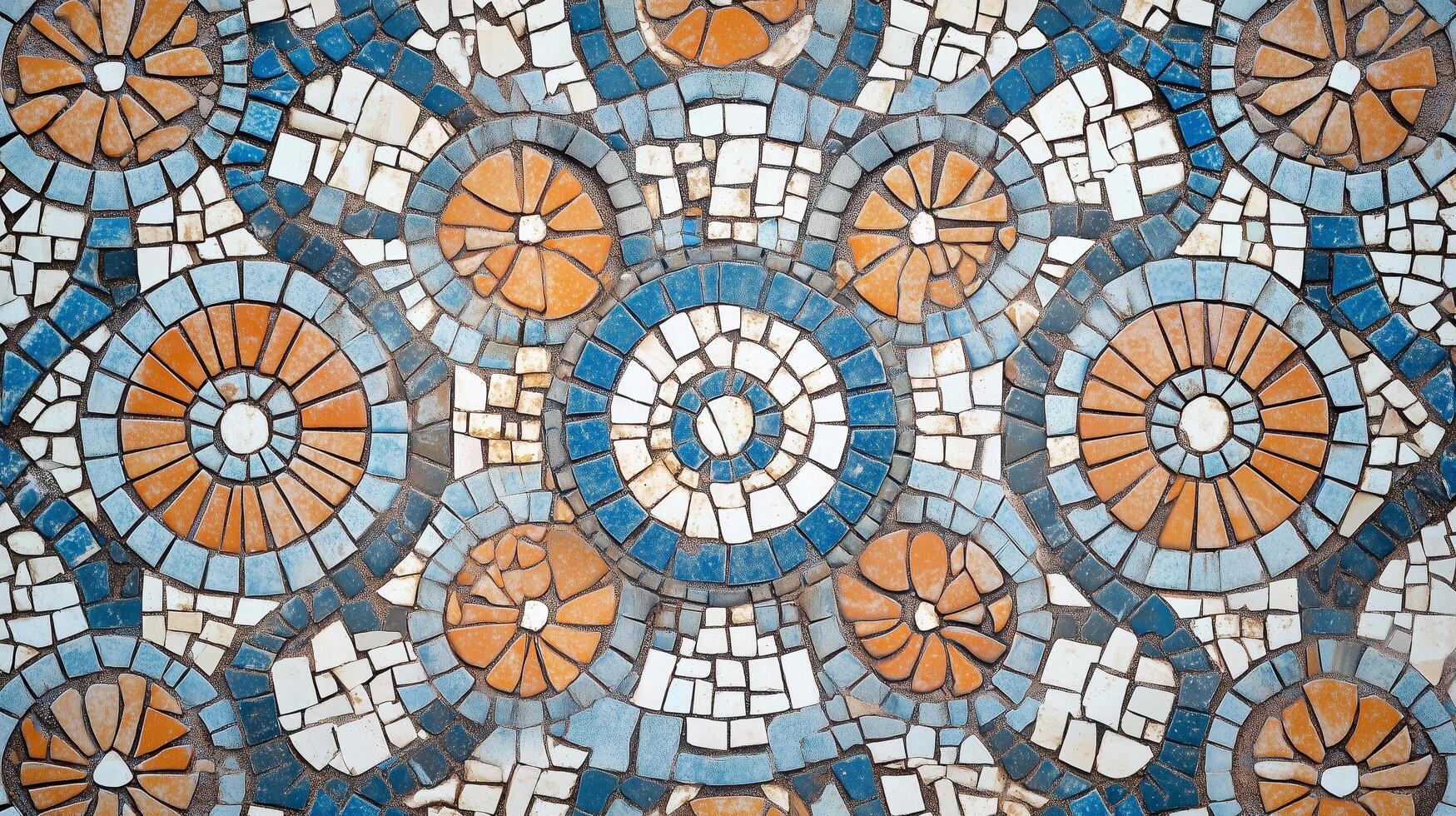 A tile floor with a checkered pattern of blue, white, and orange tiles. photo