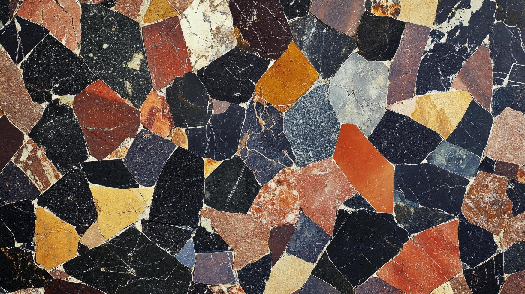 A mosaic made of colorful rocks and stones. The colors are bright and the stones are of various sizes. photo