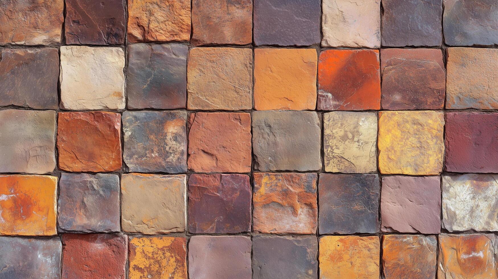 A brick wall with a variety of colors and textures. The wall is made up of many different colored bricks. photo