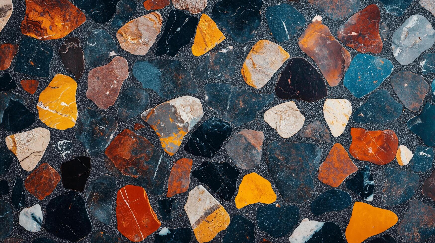 A mosaic made of colorful rocks and stones. The colors are bright and the stones are of various sizes. photo