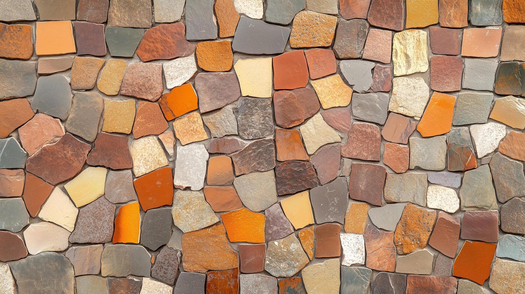 A wall made of various colored stones, including brown, red, and yellow. The stones are arranged in a way that creates a visually interesting and textured surface. photo