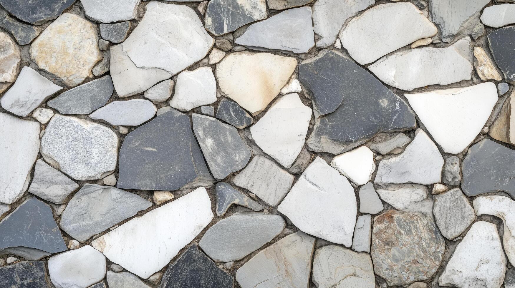 A stone wall with a variety of different colored stones. The wall is made up of many different sized stones. photo